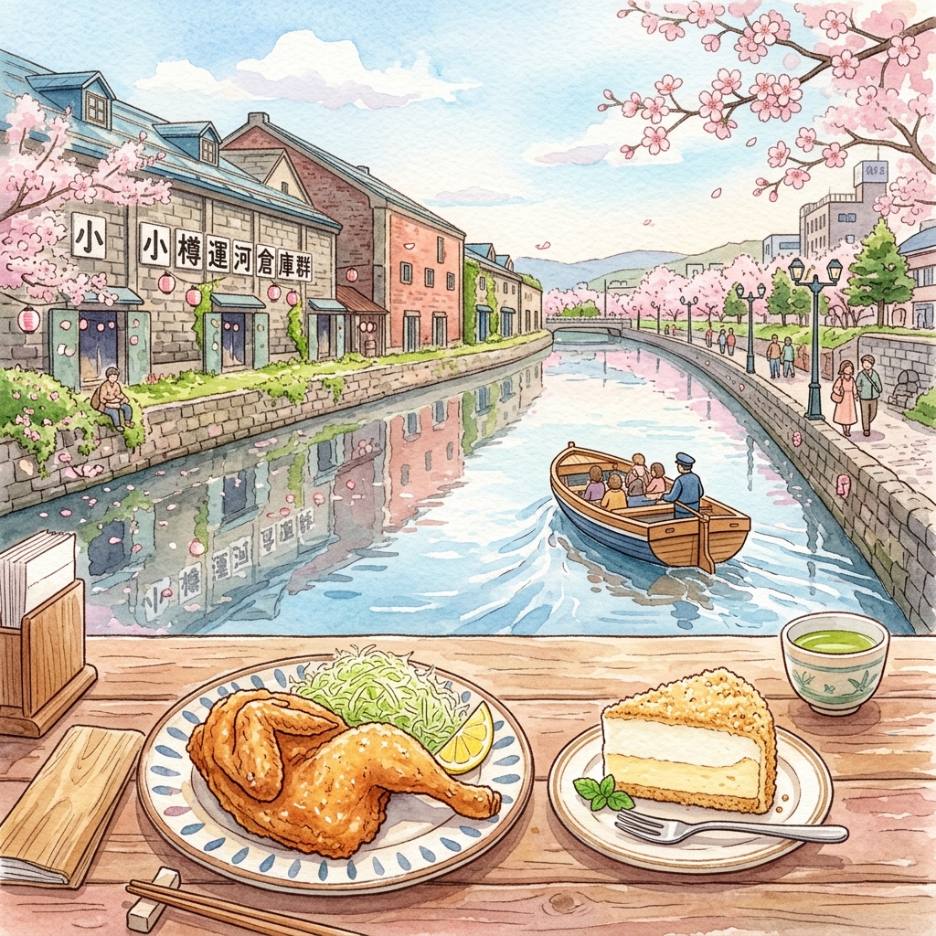 Day3: 小樽運河と半身揚げのイラスト